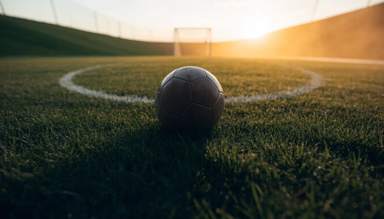Ein Fußball liegt am Rand des Mittelkreises auf einem leeren Rasenplatz bei Sonnenaufgang.