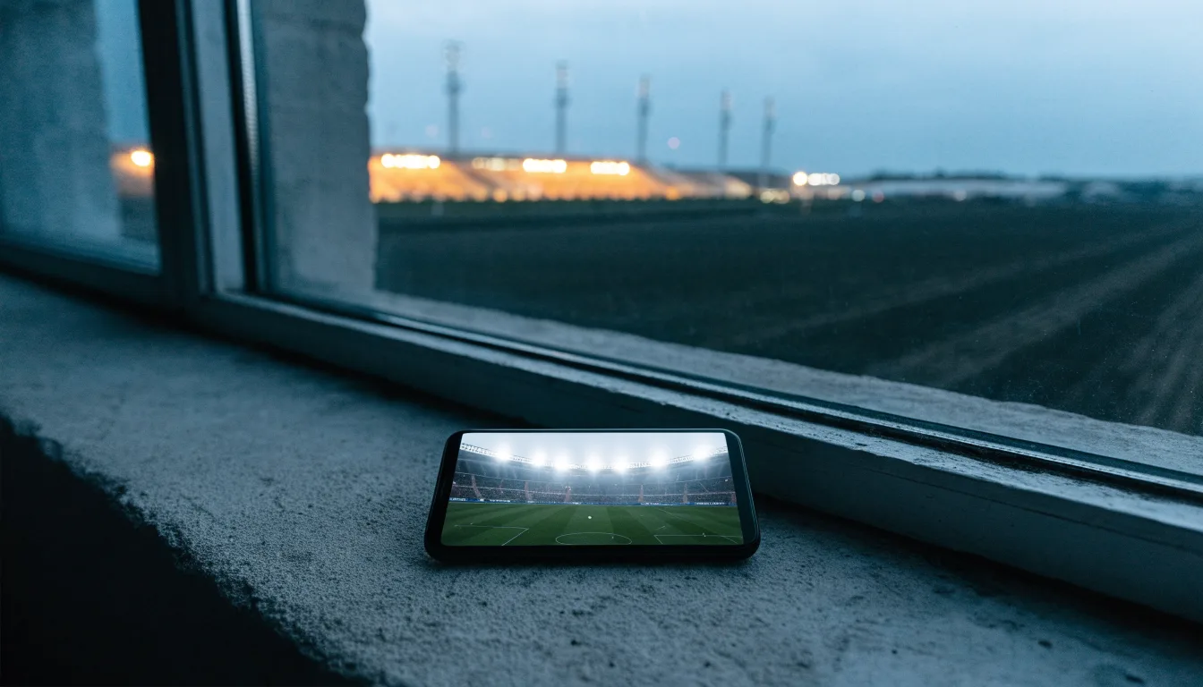Ein Stadion unter Flutlicht aus großer Entfernung, davor ein dunkler Acker im Abendlicht.