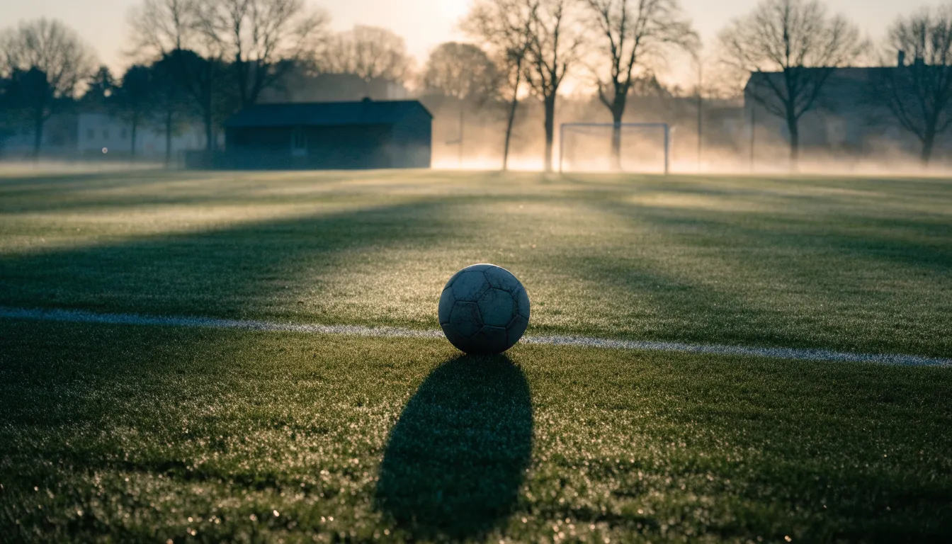 Ein Fußball auf dem Rasen eines leeren Sportplatzes am Rand einer Kleinstadt im Morgenlicht.