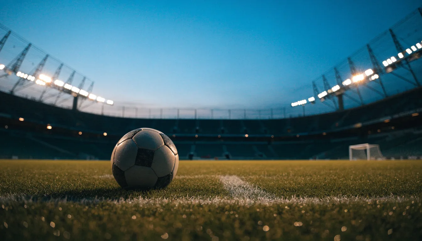 Ein Fußball liegt auf dem Anstoßpunkt eines leeren Rasenplatzes, im Hintergrund ein Stadion unter Flutlicht in der Abenddämmerung.