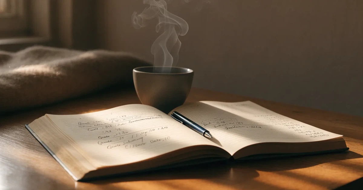 Ein Notizbuch mit handschriftlichen Rechnungen und ein Taschenrechner liegen auf einem Schreibtisch neben einer Tasse Kaffee im Licht des frühen Morgens.