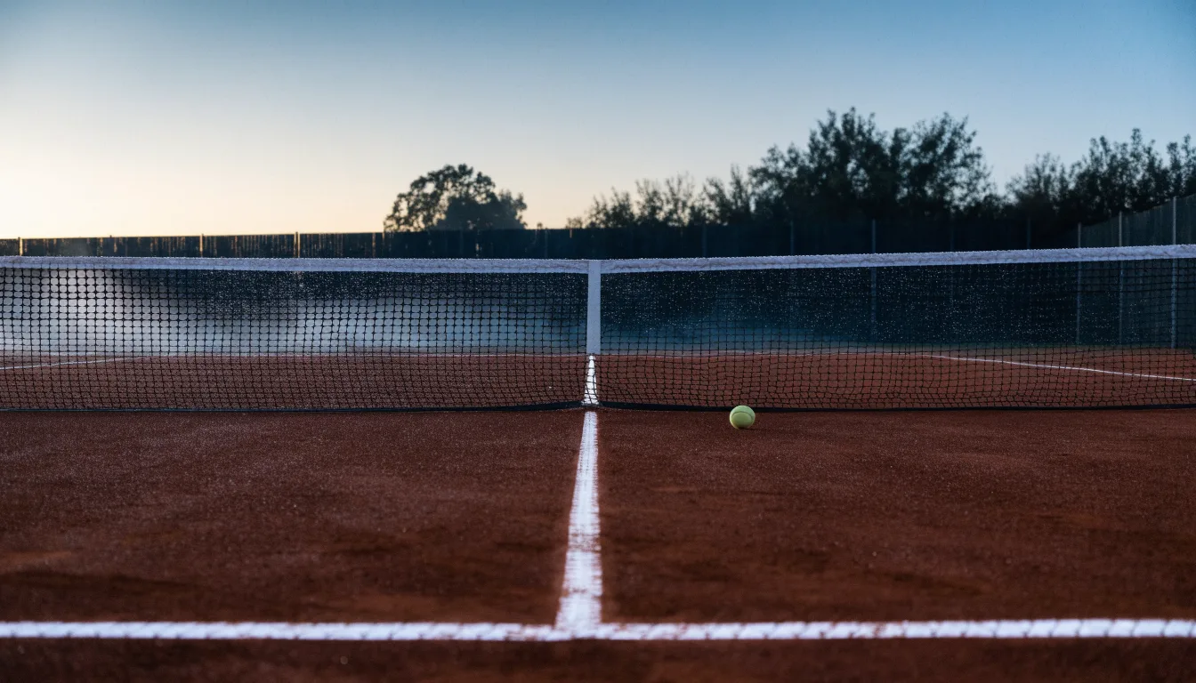 Ein Tennisplatz im Morgengrauen, das Netz und die Linien liegen im Tau, im Hintergrund leichter Nebel und kein Mensch zu sehen.