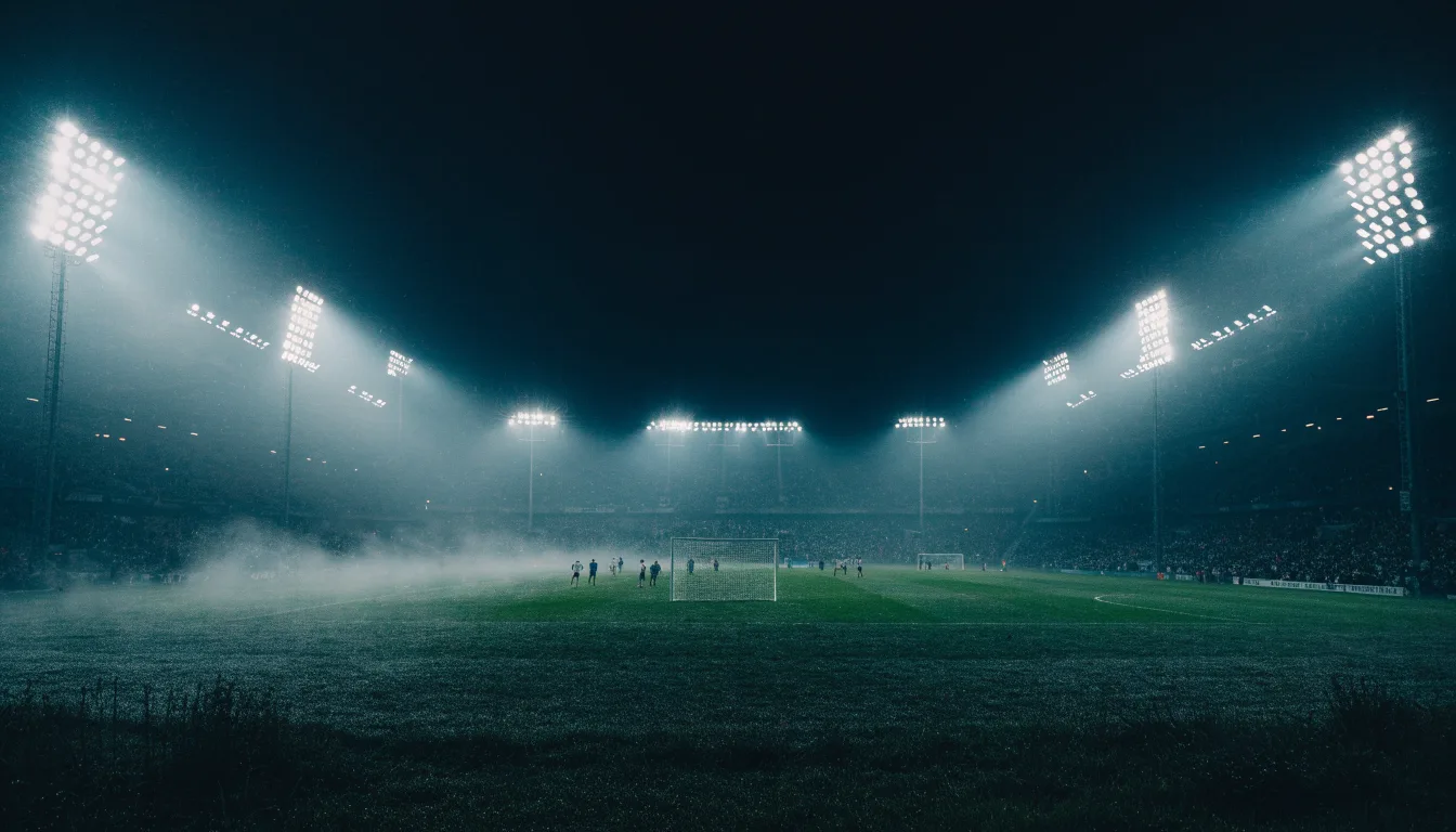 Ein Stadion unter Flutlicht, aus großer Entfernung über eine dunkle Wiese fotografiert, am Himmel zieht Nebel auf.