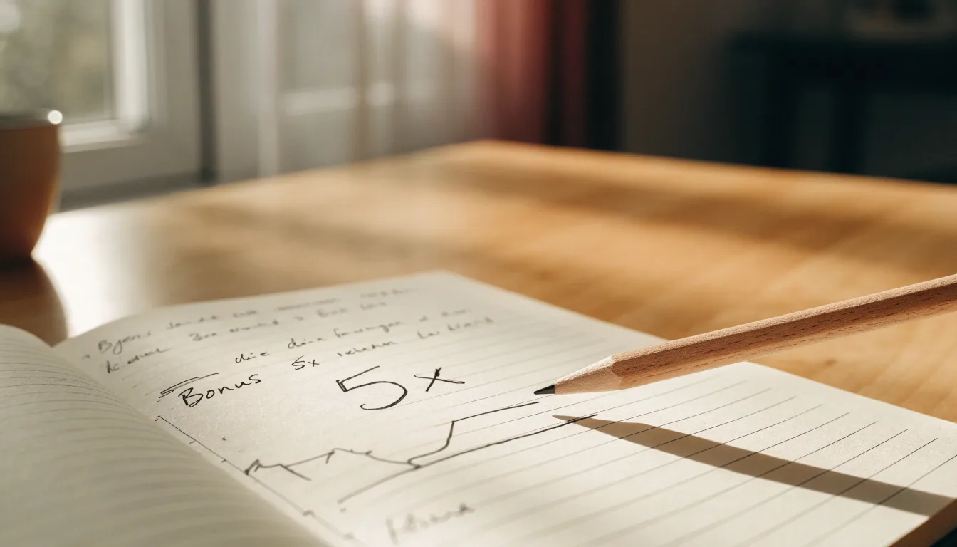 Ein Notizbuch mit handschriftlichen Notizen und ein Bleistift liegen auf einem Schreibtisch am Fenster, draußen fällt Morgenlicht herein.