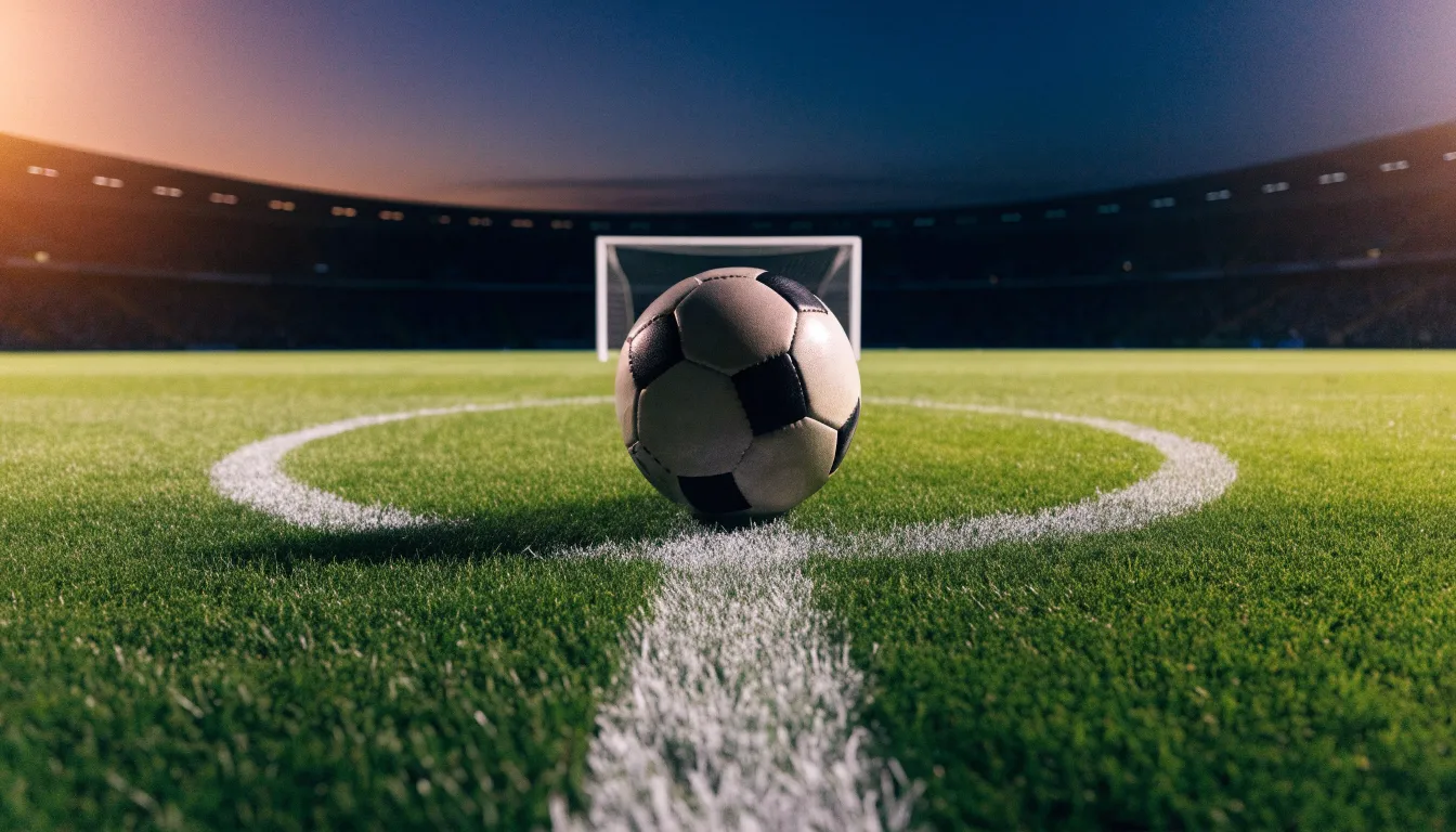 Ein Fußball liegt auf dem Anstoßpunkt eines leeren Rasenplatzes, im Hintergrund steht ein Stadion unter Flutlicht in der Dämmerung.