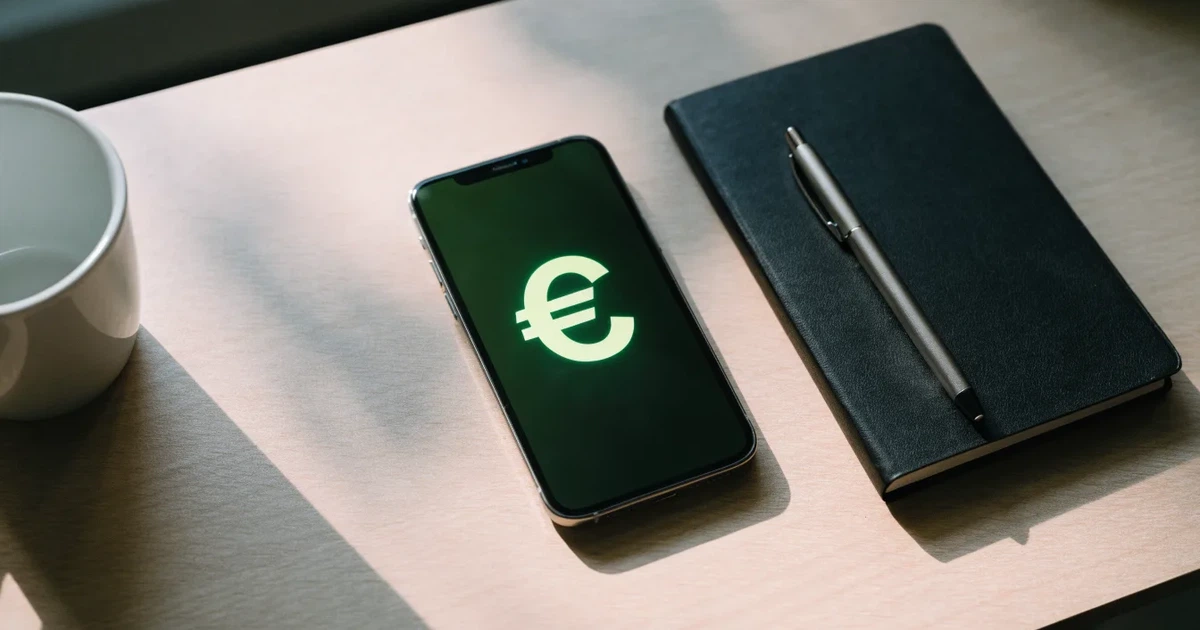 Ein Smartphone liegt neben einem Notizbuch und einem Kugelschreiber auf einem hellen Schreibtisch, das Display ist ausgeschaltet.