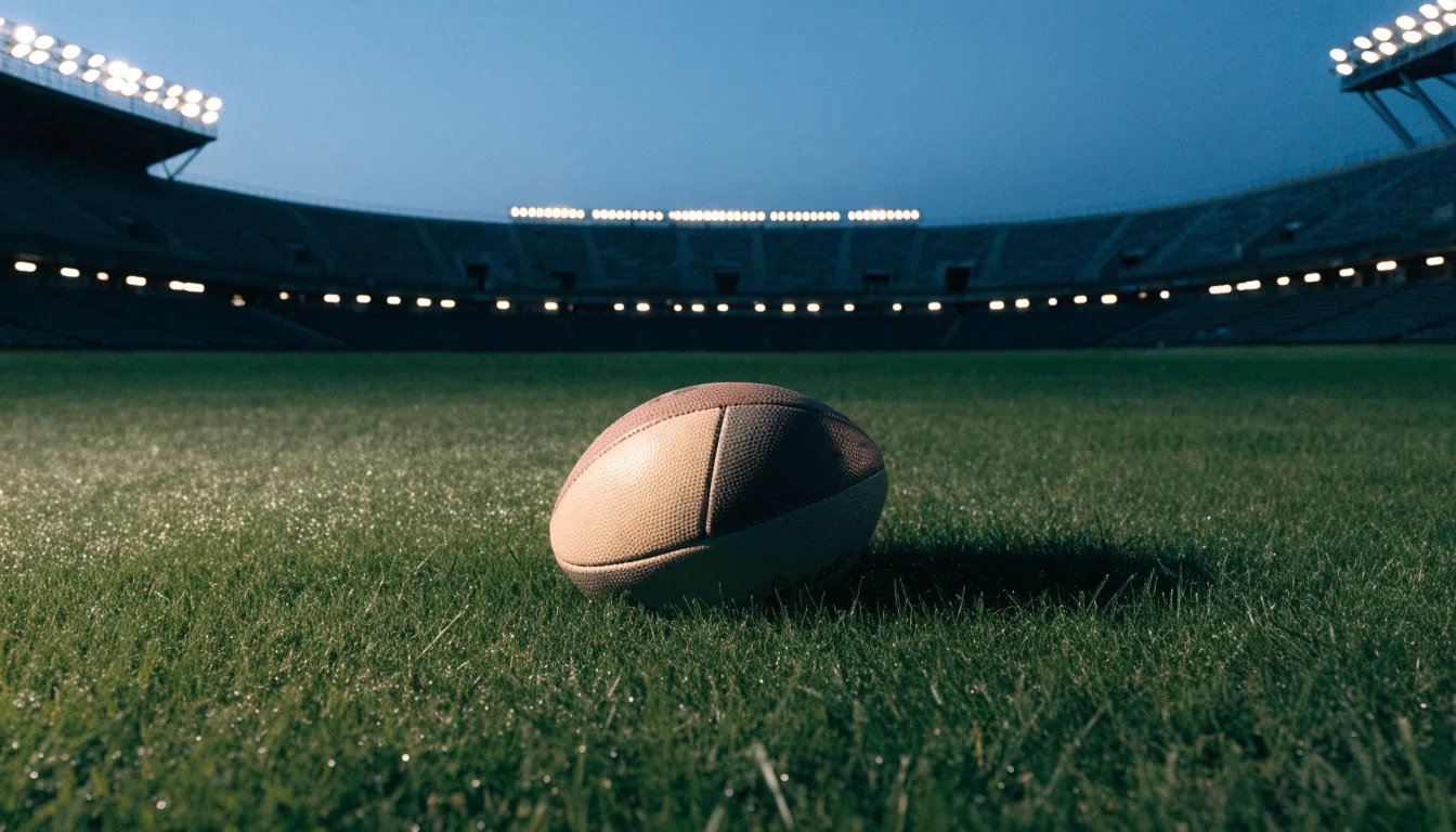 Ein Fußball liegt auf dem Rasen eines leeren Platzes, im Hintergrund ein Stadion unter Flutlicht in der Abenddämmerung.