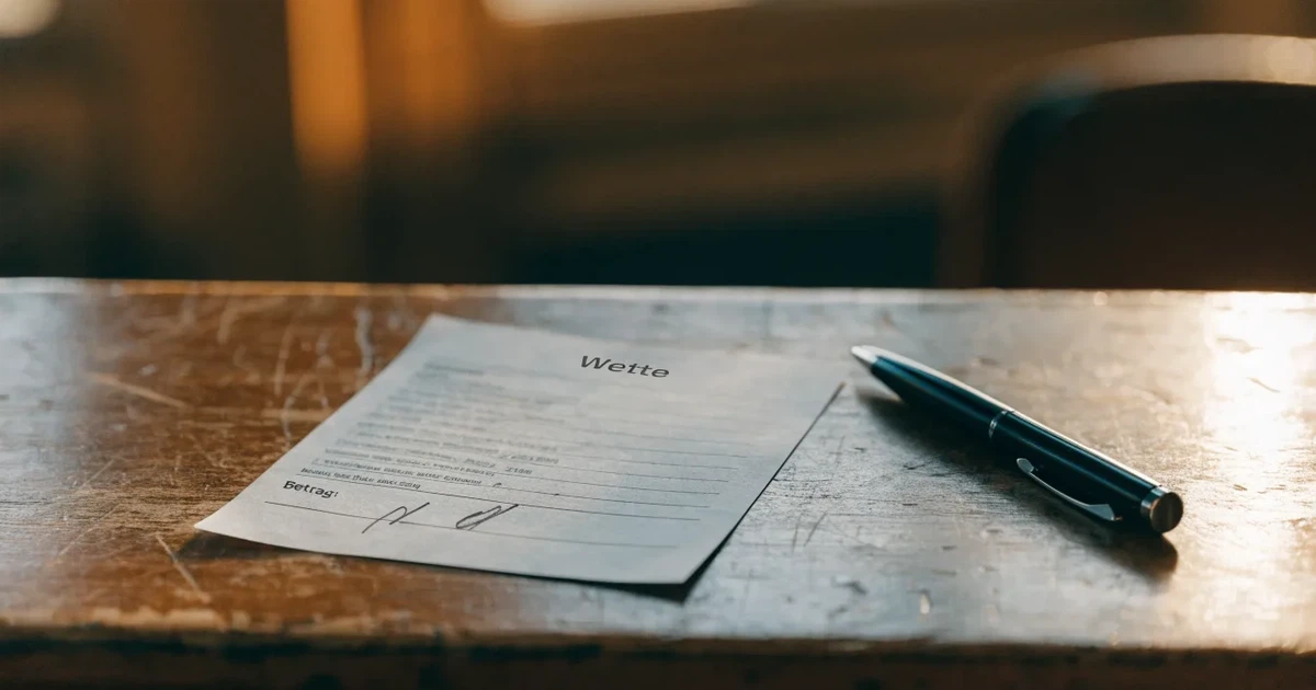 Ein leerer Wettschein aus Papier liegt neben einem Stift auf einer hölzernen Theke, weiches Licht fällt von der Seite ein.