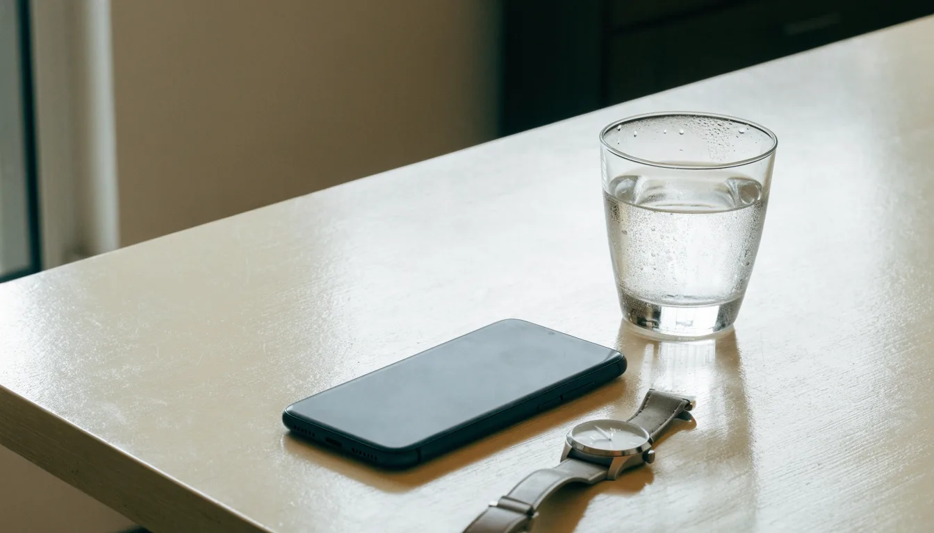 Ein Smartphone liegt mit dem Display nach unten auf einem Küchentisch, daneben stehen ein Glas Wasser und eine Armbanduhr.