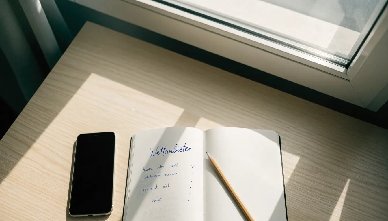 Ein Notizbuch mit handschriftlichen Notizen und ein Bleistift liegen auf einem Schreibtisch am Fenster, draußen fällt Morgenlicht herein.