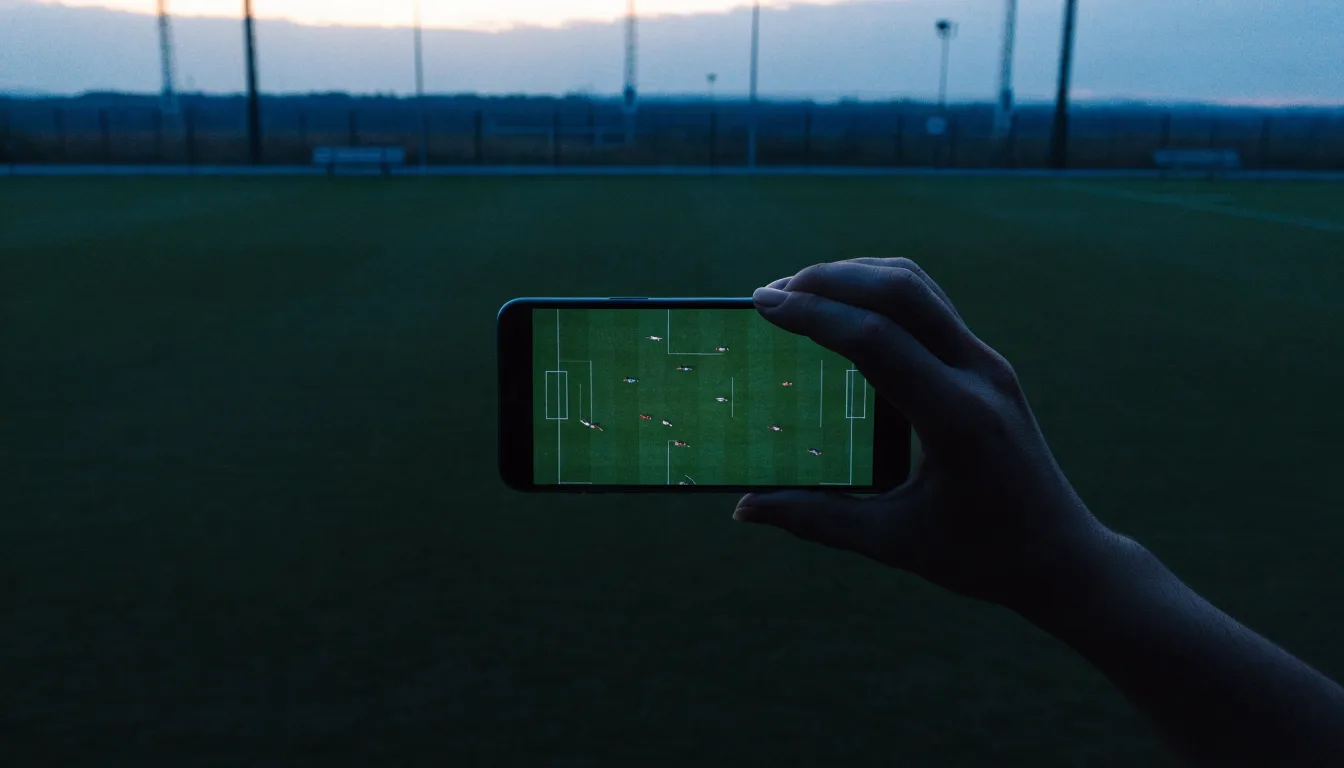 Eine leere Parkbank am Rand eines Fußballfelds in der Abenddämmerung, im Hintergrund ragen dunkle Flutlichtmasten in den Himmel.