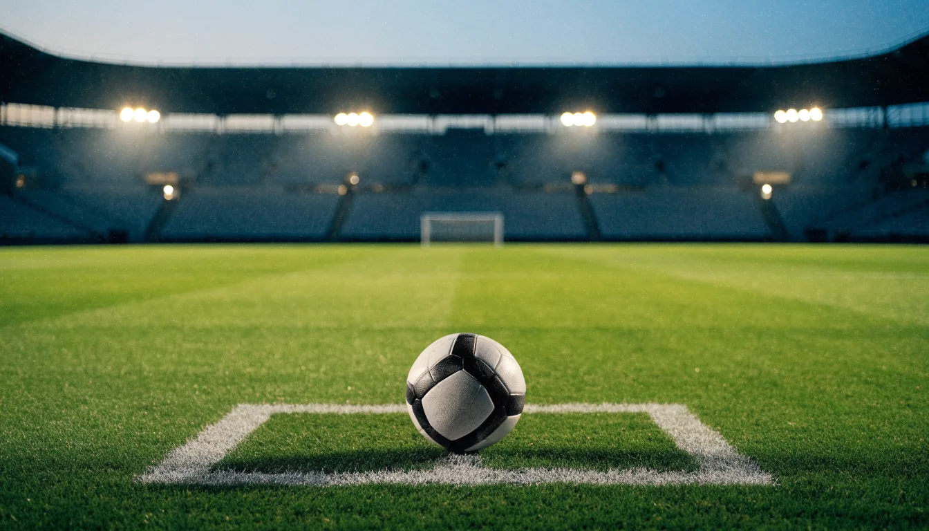 Ein Fußball liegt auf dem Anstoßpunkt eines leeren Rasenplatzes, im Hintergrund steht ein Stadion unter Flutlicht in der Dämmerung.