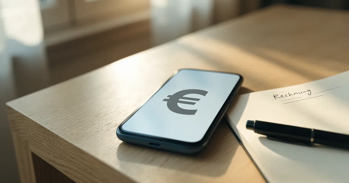 Ein Smartphone liegt neben einem Notizbuch und einem Kugelschreiber auf einem hellen Schreibtisch, das Display ist ausgeschaltet.