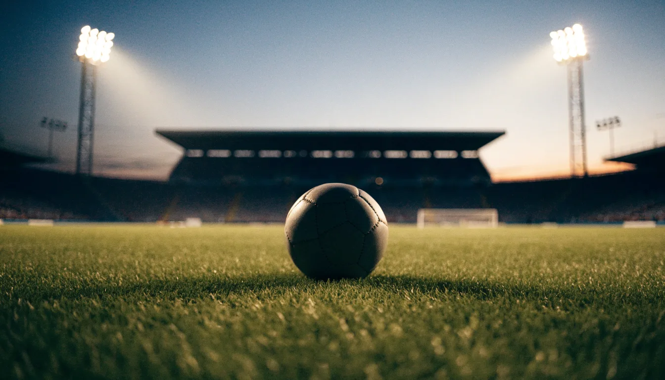 Ein Fußball liegt auf dem Rasen eines leeren Platzes, im Hintergrund ein Stadion unter Flutlicht in der Abenddämmerung.