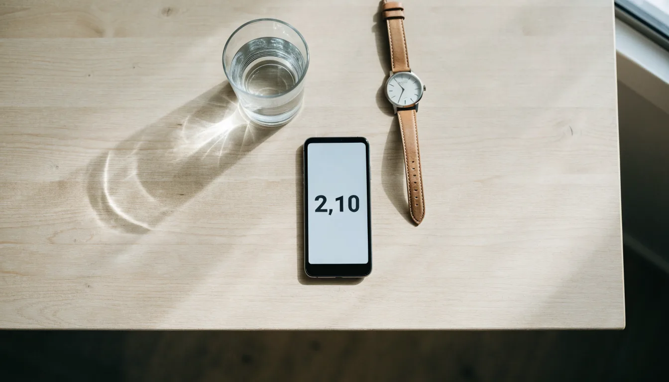Ein Smartphone liegt mit dem Display nach unten auf einem Küchentisch, daneben stehen ein Glas Wasser und eine Armbanduhr.