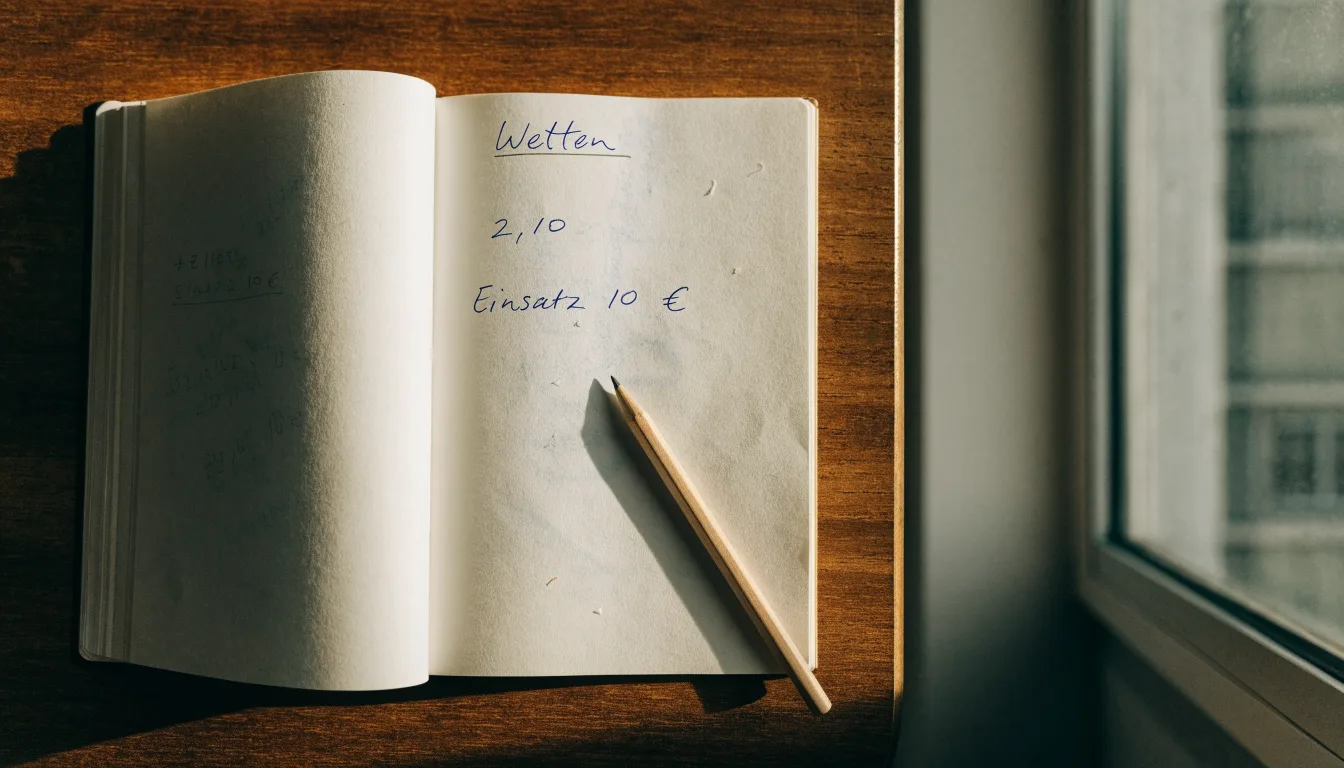 Ein Notizbuch mit handschriftlichen Notizen und ein Bleistift liegen auf einem Schreibtisch am Fenster, draußen fällt Morgenlicht herein.