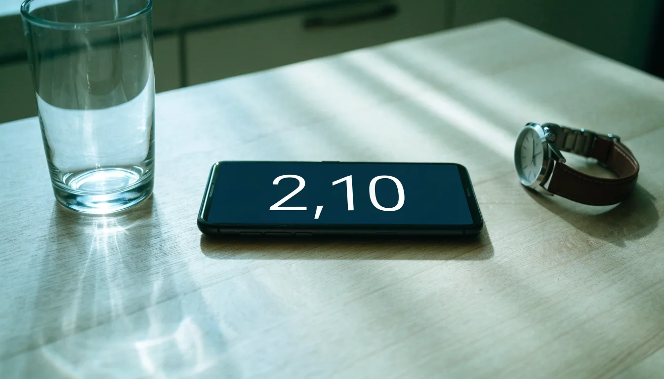 Ein Smartphone liegt mit dem Display nach unten auf einem Küchentisch, daneben stehen ein Glas Wasser und eine Armbanduhr.