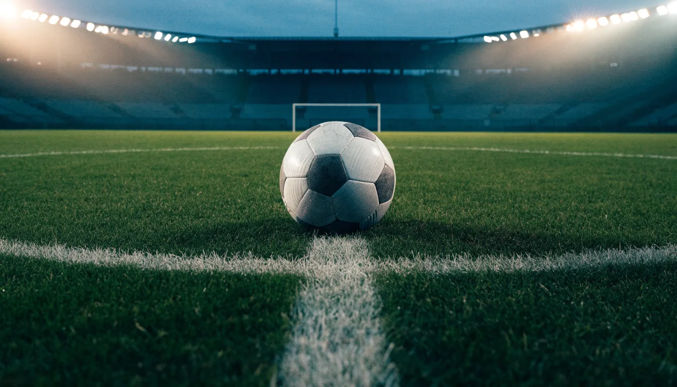 Ein Fußball liegt auf dem Anstoßpunkt eines leeren Rasenplatzes, im Hintergrund steht ein Stadion unter Flutlicht in der Dämmerung.