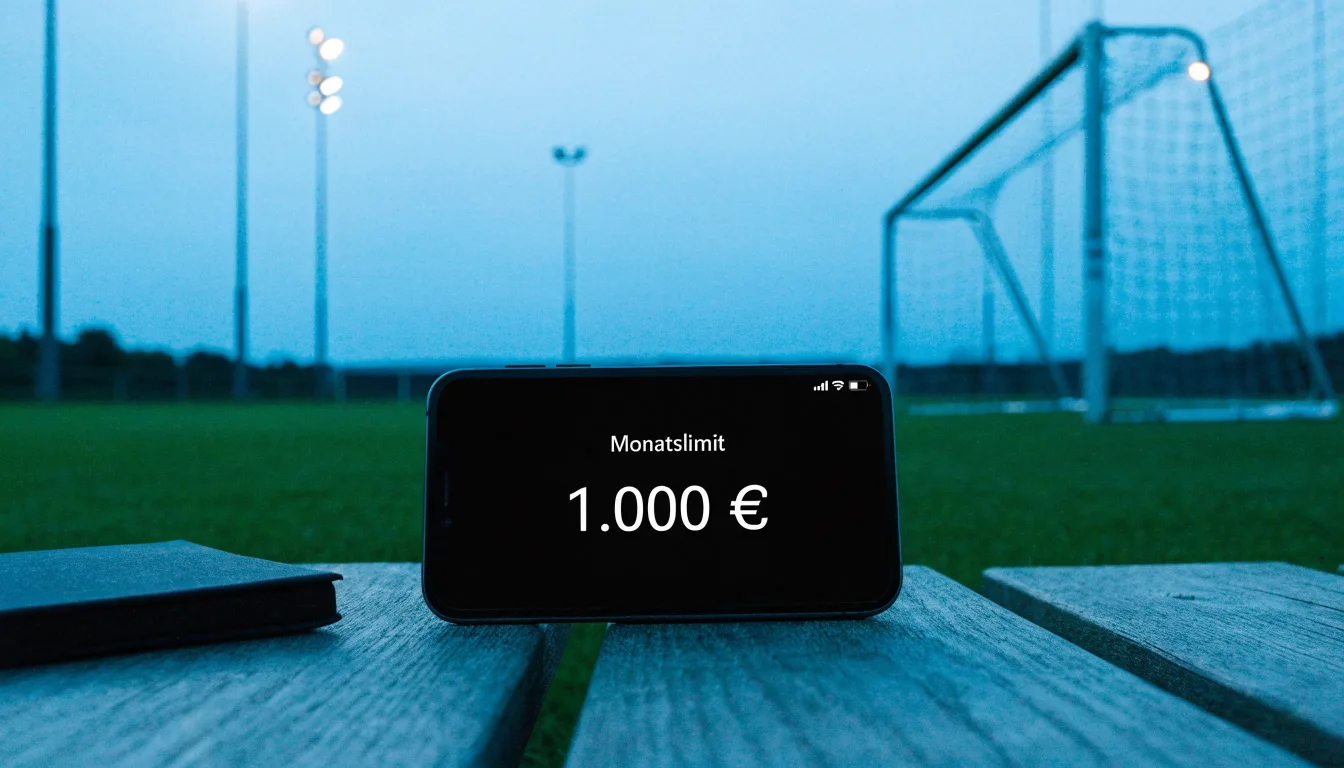 Eine leere Parkbank am Rand eines Fußballfelds in der Abenddämmerung, im Hintergrund ragen dunkle Flutlichtmasten in den Himmel.