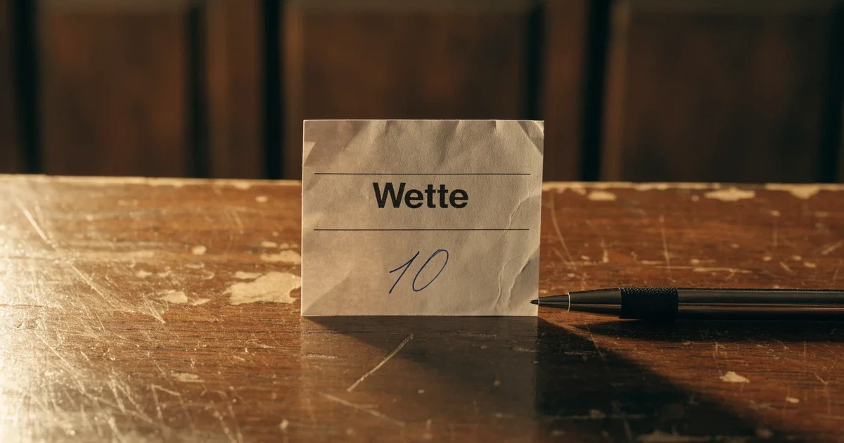 Ein leerer Wettschein aus Papier liegt neben einem Stift auf einer hölzernen Theke, weiches Licht fällt von der Seite ein.