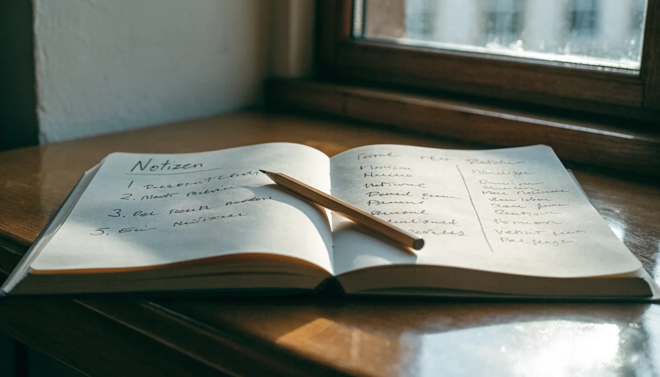 Ein Notizbuch mit handschriftlichen Notizen und ein Bleistift liegen auf einem Schreibtisch am Fenster, draußen fällt Morgenlicht herein.