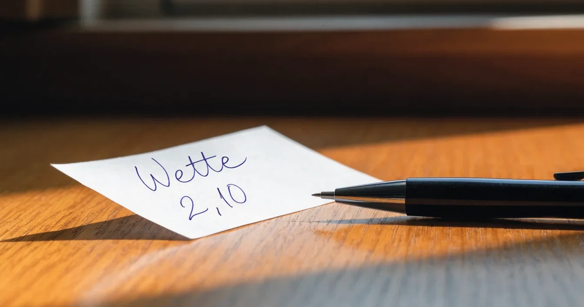 Ein leerer Wettschein aus Papier liegt neben einem Stift auf einer hölzernen Theke, weiches Licht fällt von der Seite ein.