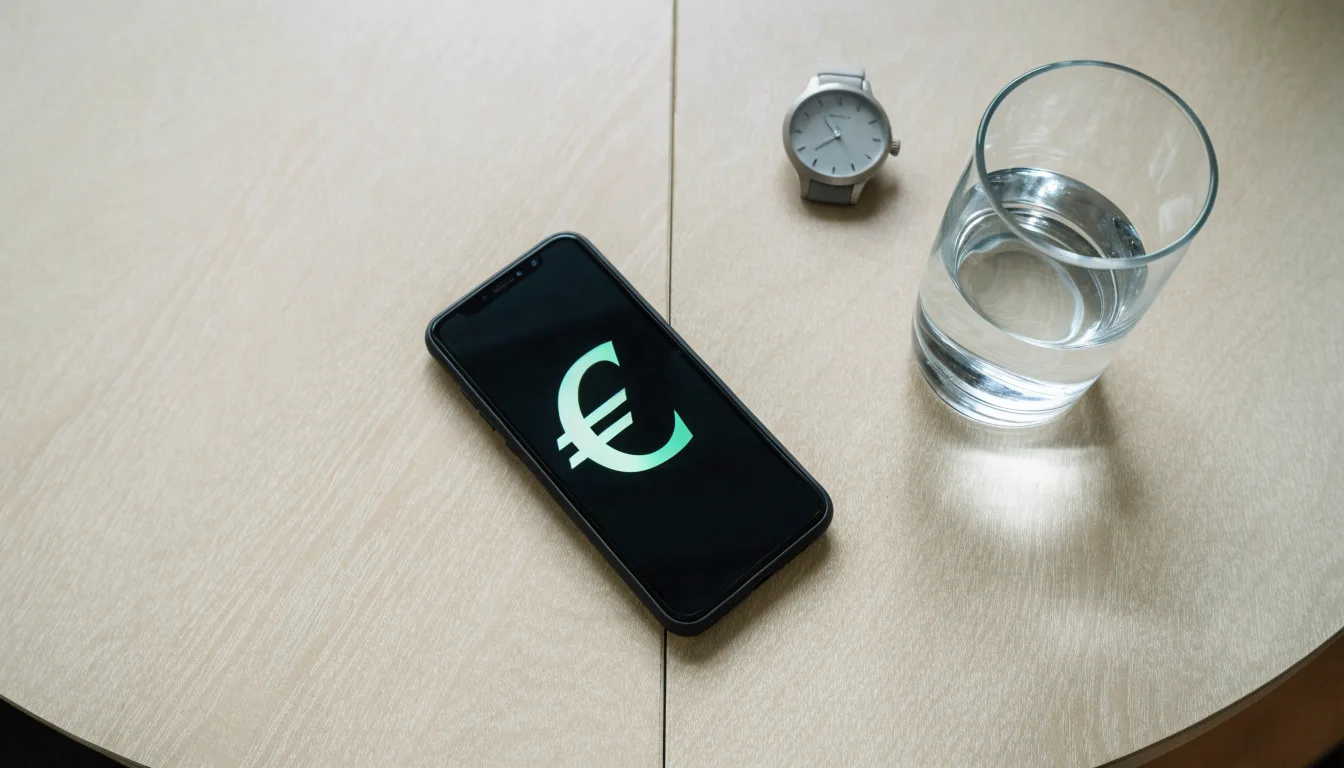 Ein Smartphone liegt mit dem Display nach unten auf einem Küchentisch, daneben stehen ein Glas Wasser und eine Armbanduhr.