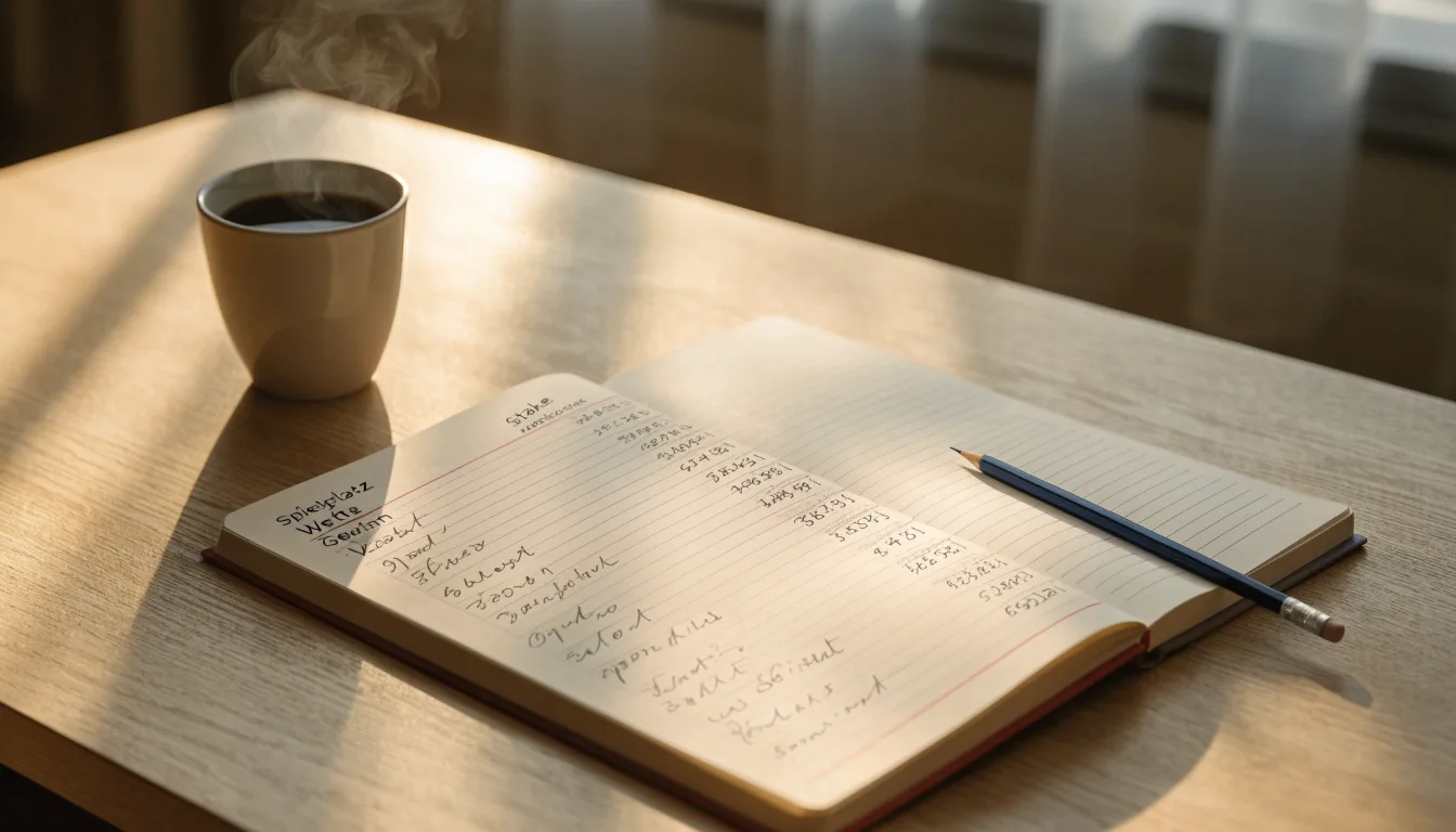 Ein Notizbuch mit handschriftlichen Rechnungen und ein Taschenrechner liegen auf einem Schreibtisch neben einer Tasse Kaffee im Licht des frühen Morgens.
