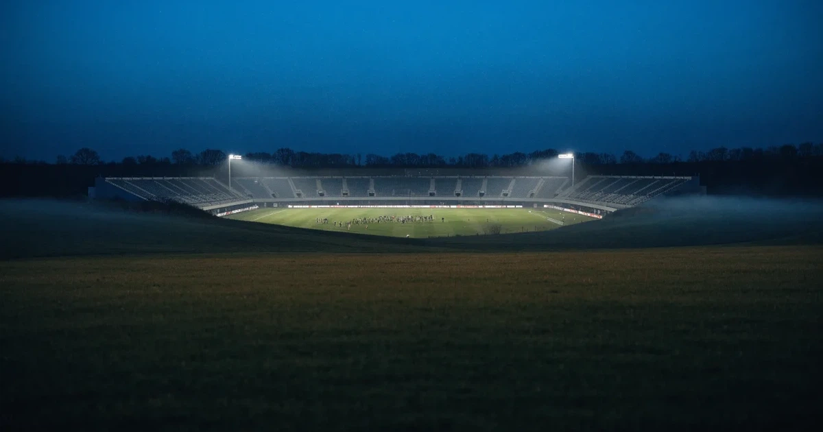 Ein Stadion unter Flutlicht, aus großer Entfernung über eine dunkle Wiese fotografiert, am Himmel zieht Nebel auf.