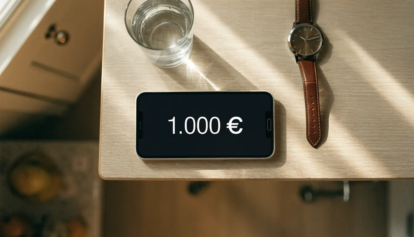Ein Smartphone liegt mit dem Display nach unten auf einem Küchentisch, daneben stehen ein Glas Wasser und eine Armbanduhr.