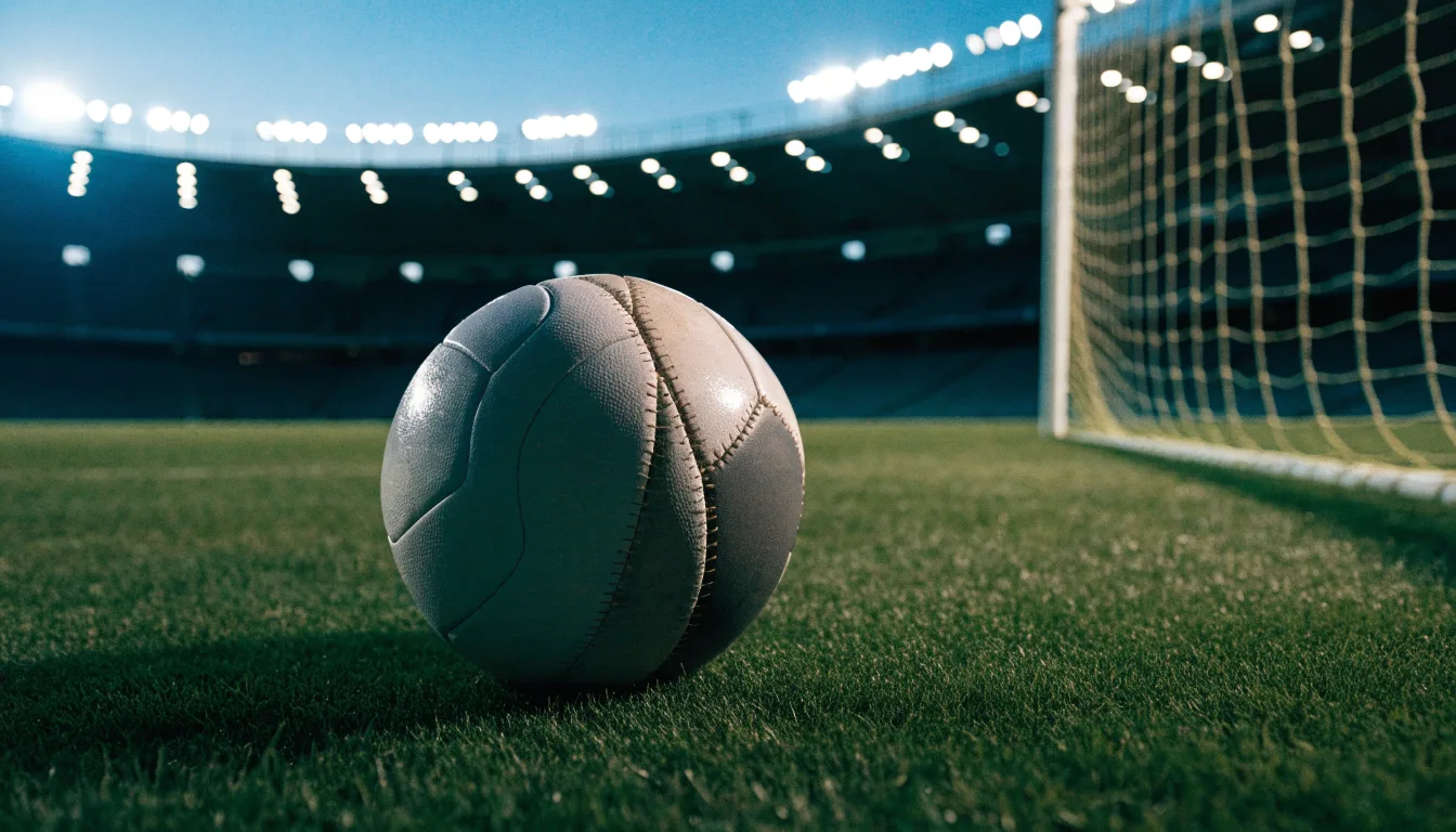 Ein Fußball liegt auf dem Rasen eines leeren Platzes, im Hintergrund ein Stadion unter Flutlicht in der Abenddämmerung.