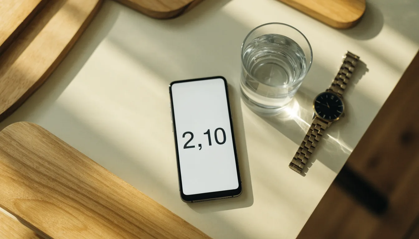 Ein Smartphone liegt mit dem Display nach unten auf einem Küchentisch, daneben stehen ein Glas Wasser und eine Armbanduhr.