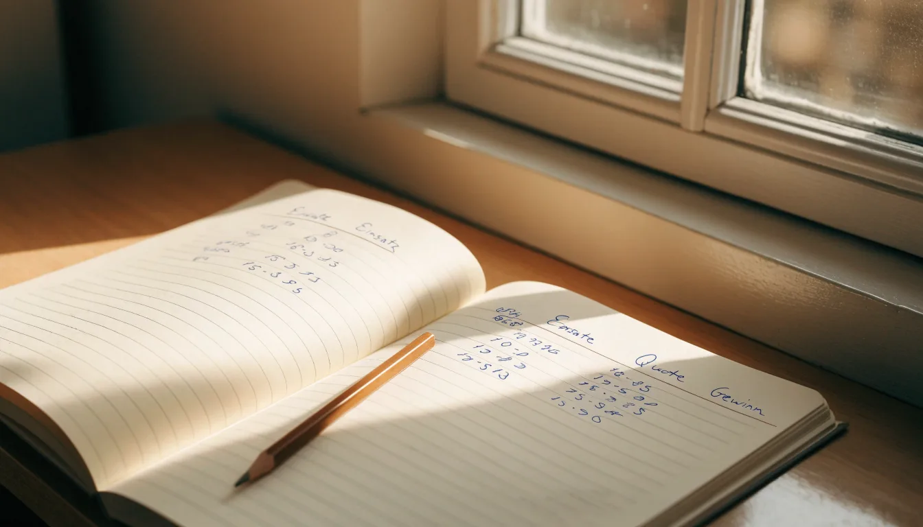 Ein Notizbuch mit handschriftlichen Notizen und ein Bleistift liegen auf einem Schreibtisch am Fenster, draußen fällt Morgenlicht herein.