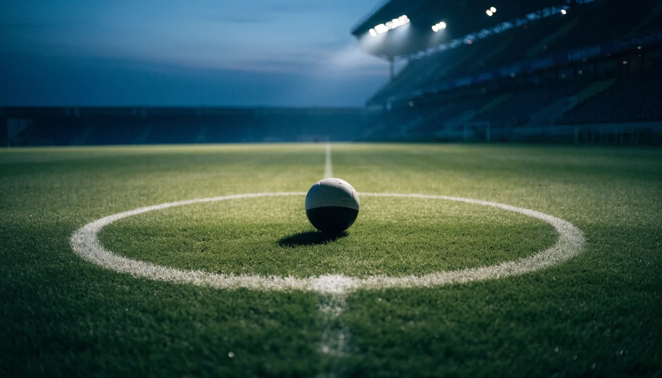 Ein Fußball liegt auf dem Anstoßpunkt eines leeren Rasenplatzes, im Hintergrund steht ein Stadion unter Flutlicht in der Dämmerung.