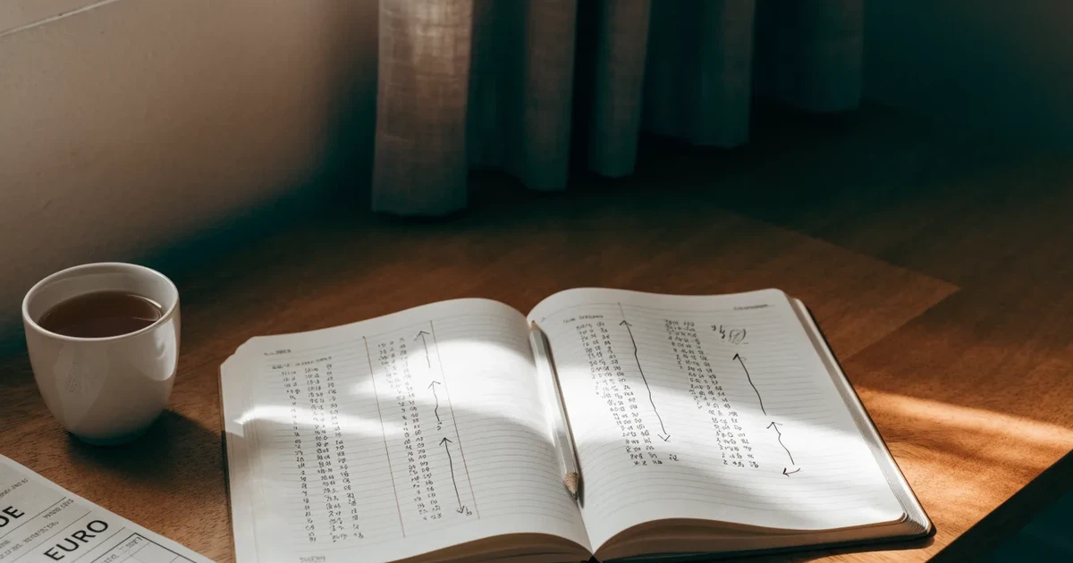 Ein Notizbuch mit handschriftlichen Notizen und Pfeilen liegt aufgeschlagen auf einem Schreibtisch, daneben ein Bleistift und eine Tasse Tee.