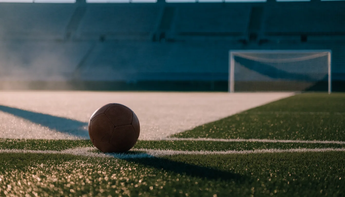 Ein Fußball liegt auf dem Anstoßpunkt eines leeren Rasenplatzes in der Morgendämmerung, im Hintergrund eine leere Tribüne.