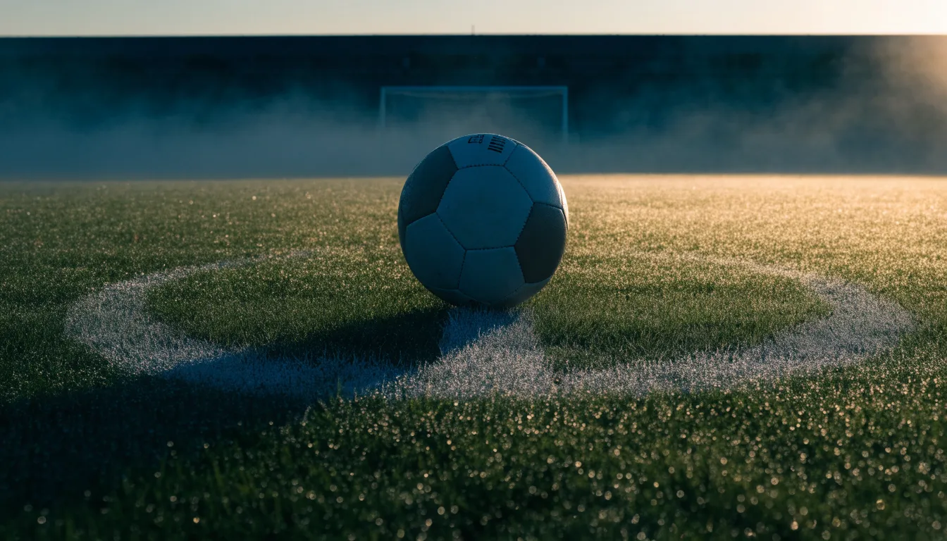 Ein Fußball ruht auf dem Mittelkreis eines leeren Rasenplatzes in der Morgendämmerung, Tau liegt auf dem Gras.