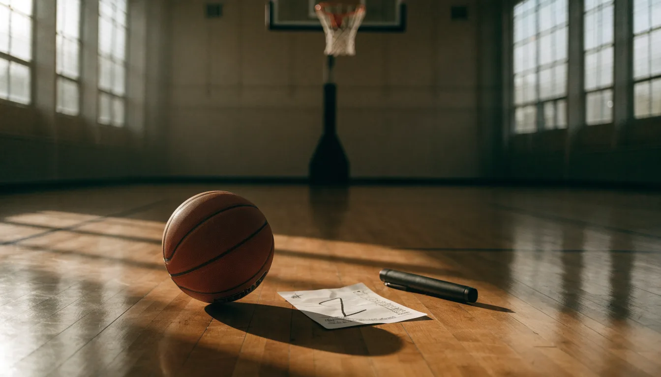 Ein Basketball liegt auf dem Hallenboden unter einem Korb, das Netz hängt ruhig, Morgenlicht fällt durch hohe Fenster.
