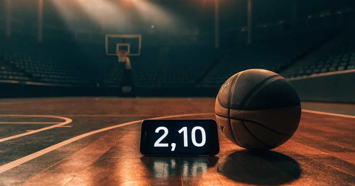 Eine leere Basketballhalle von einer oberen Tribünenreihe aus gesehen, Parkett und Körbe im Licht der Hallenstrahler.