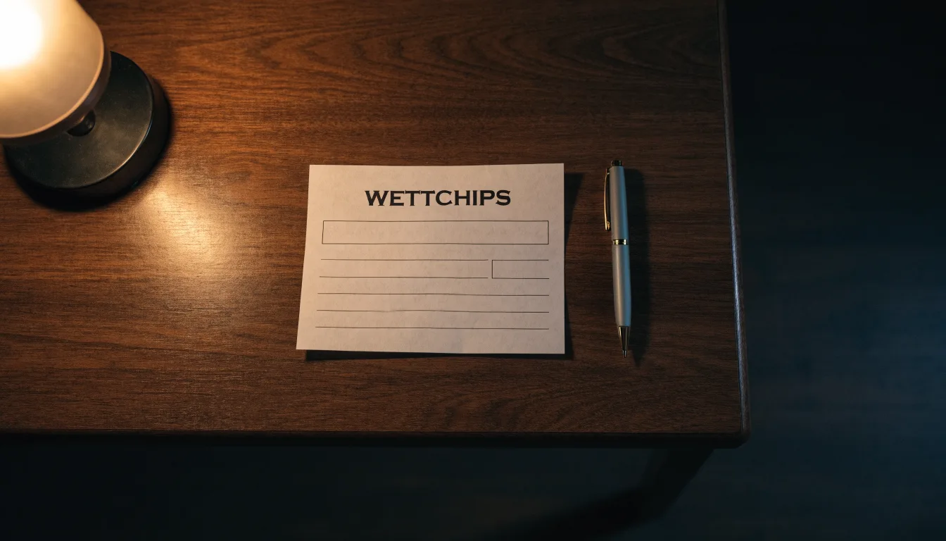 Ein leerer Wettschein aus Papier und ein Kugelschreiber liegen auf einer Tischplatte neben einer kleinen Tischlampe.