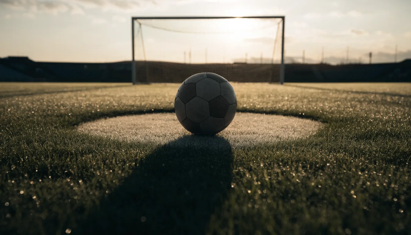 Ein Fußball liegt auf dem Anstoßkreis eines leeren Rasenplatzes im Licht der Morgensonne.