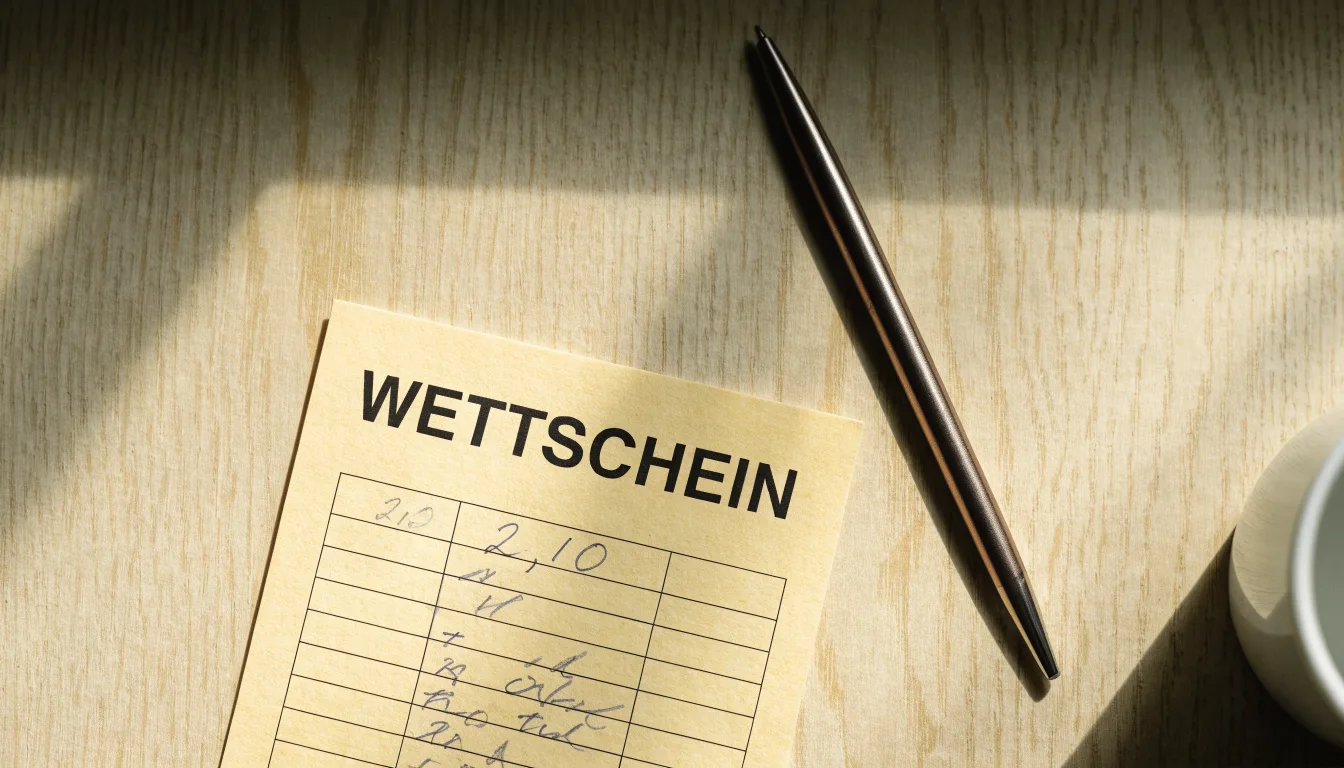 Ein leerer Wettschein aus Papier liegt neben einem Kugelschreiber und einer Tasse auf einem hellen Holztisch.