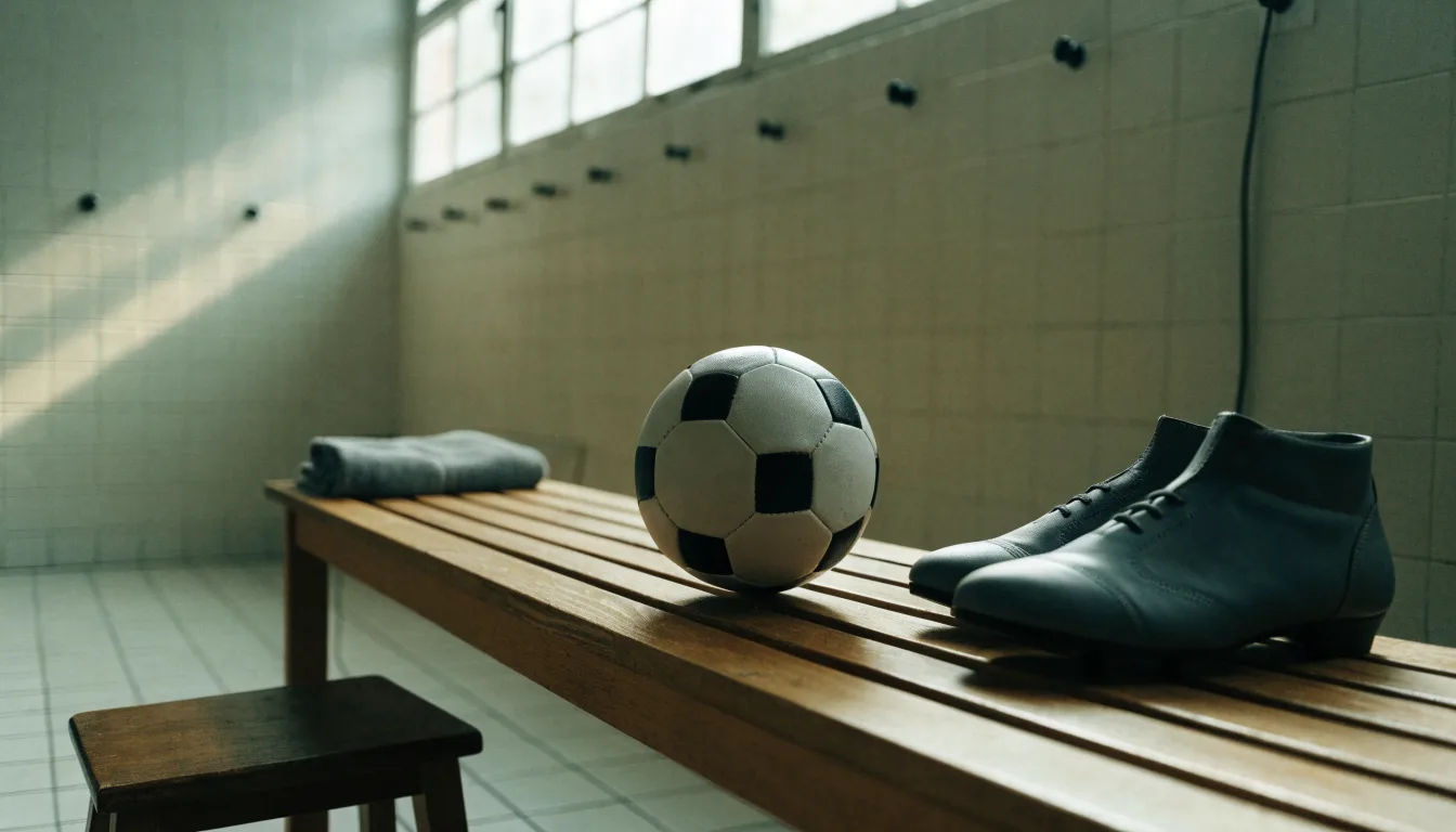 Ein Fußball liegt neben einem Paar Fußballschuhen ohne Markenzeichen auf einer Holzbank in einer leeren Umkleide.