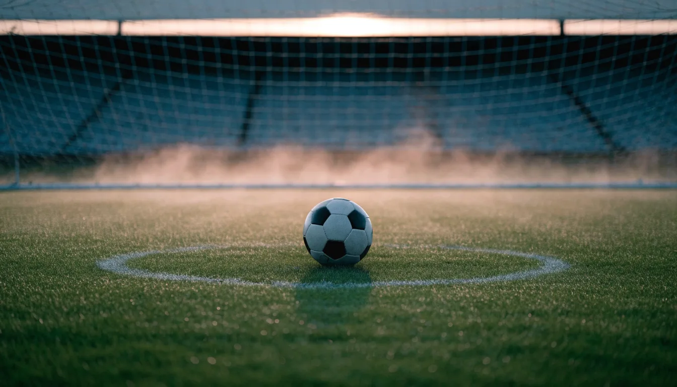 Ein Fußball liegt auf dem Anstoßpunkt eines leeren Rasenplatzes in der Morgendämmerung, im Hintergrund eine leere Tribüne.