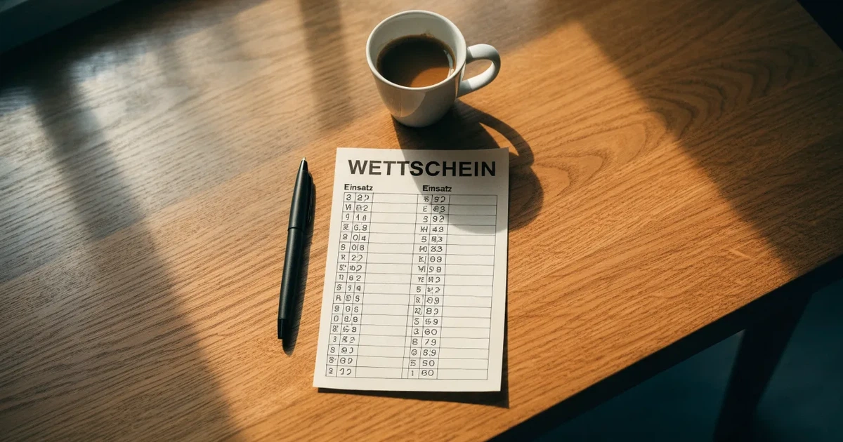 Ein leerer Wettschein aus Papier liegt neben einem Kugelschreiber und einer Tasse Kaffee auf einem Tisch, Aufnahme von oben.