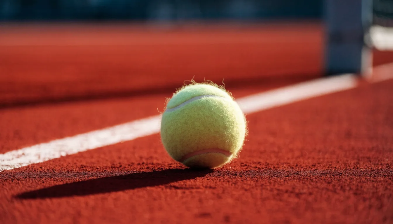Ein einzelner Tennisball liegt auf rotem Sand neben einer weißen Linie, geringe Schärfentiefe.
