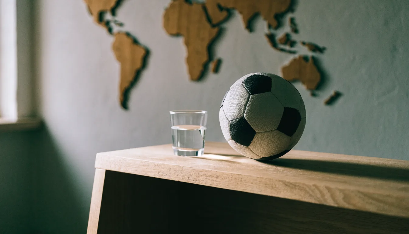 Eine Weltkarte aus Holz hängt an einer Wand, davor liegt ein Fußball auf einem Regal, ohne erkennbare Beschriftung.