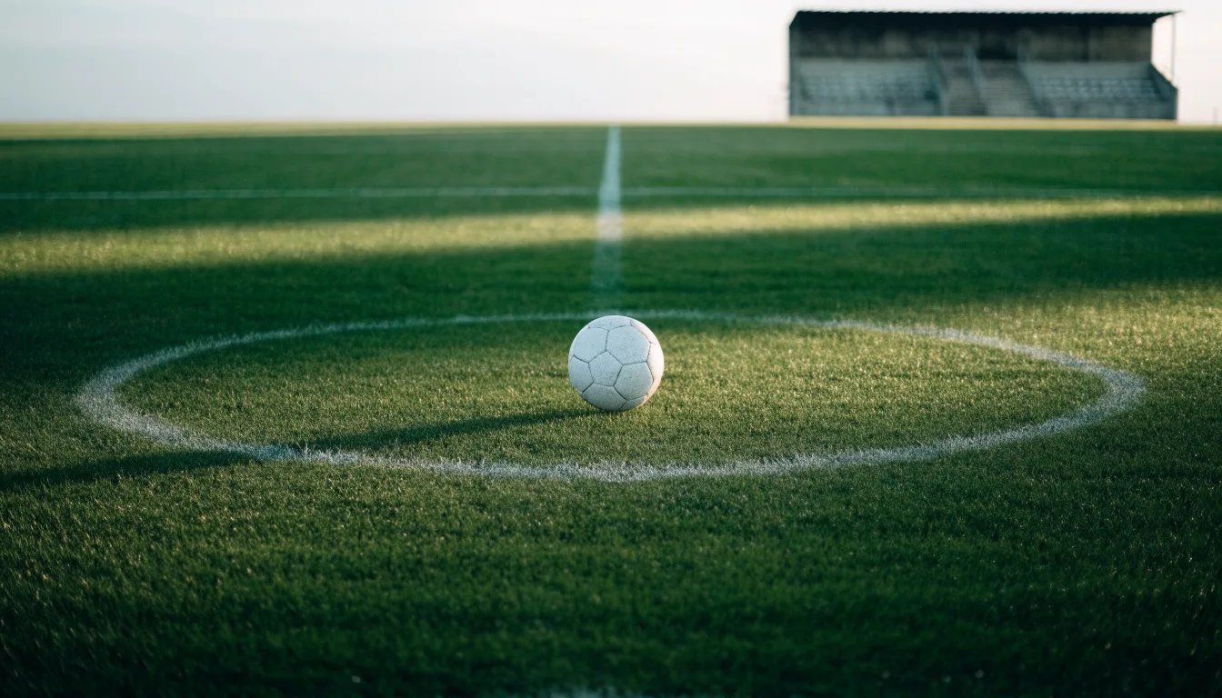 Ein Fußball liegt auf dem Anstoßpunkt eines leeren Rasenplatzes im frühen Morgenlicht, dahinter eine leere Tribüne.