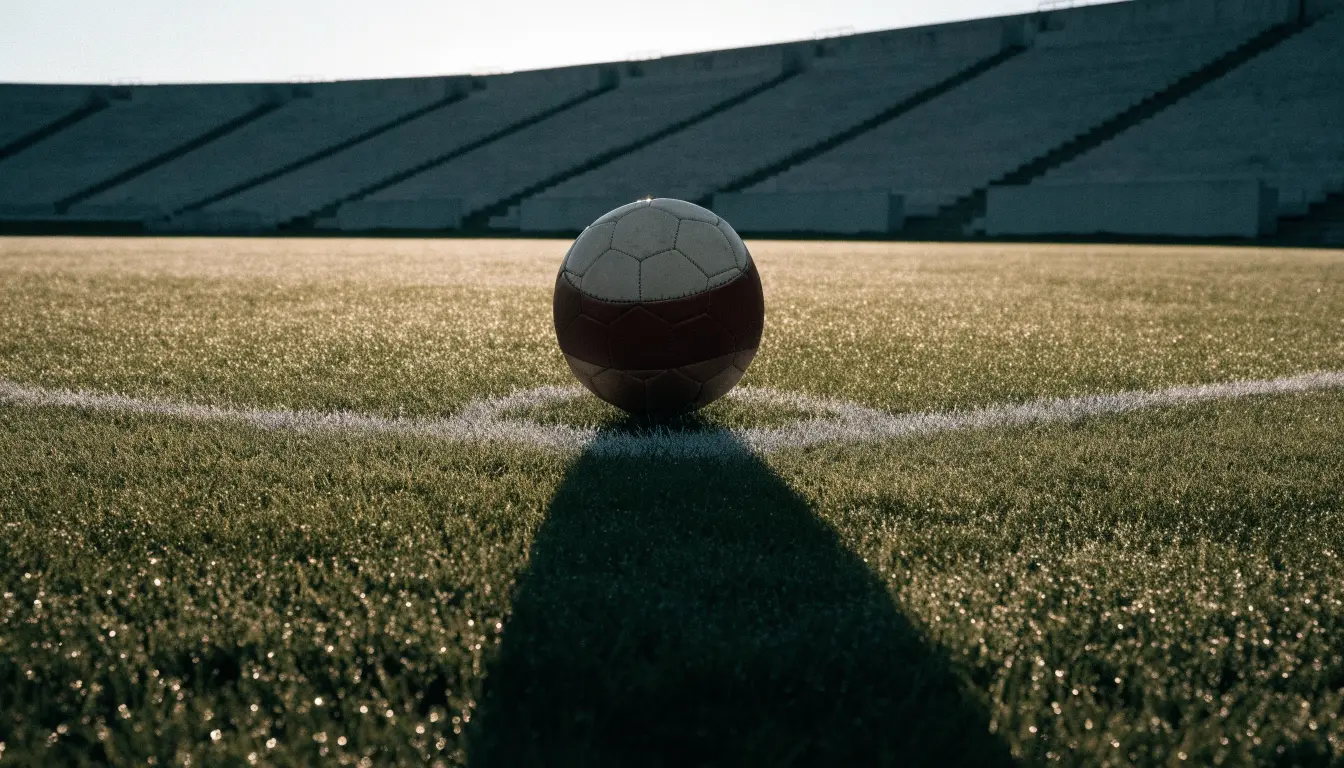 Ein Fußball liegt auf dem Anstoßpunkt eines leeren Rasenplatzes im frühen Morgenlicht, dahinter eine leere Tribüne.