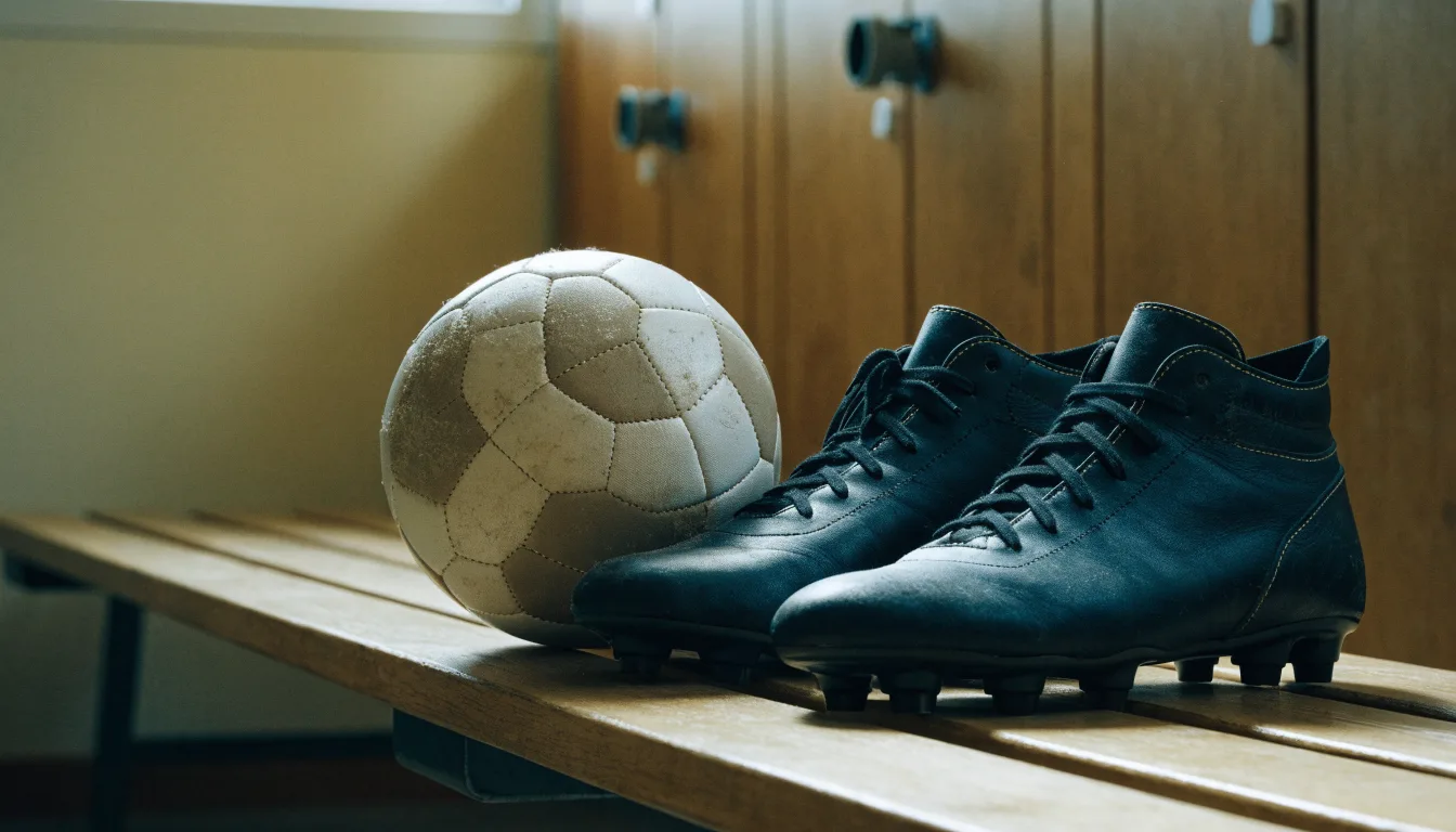 Ein Fußball liegt auf einer Holzbank in einer leeren Umkleide neben einem Paar Fußballschuhen ohne Markenzeichen.